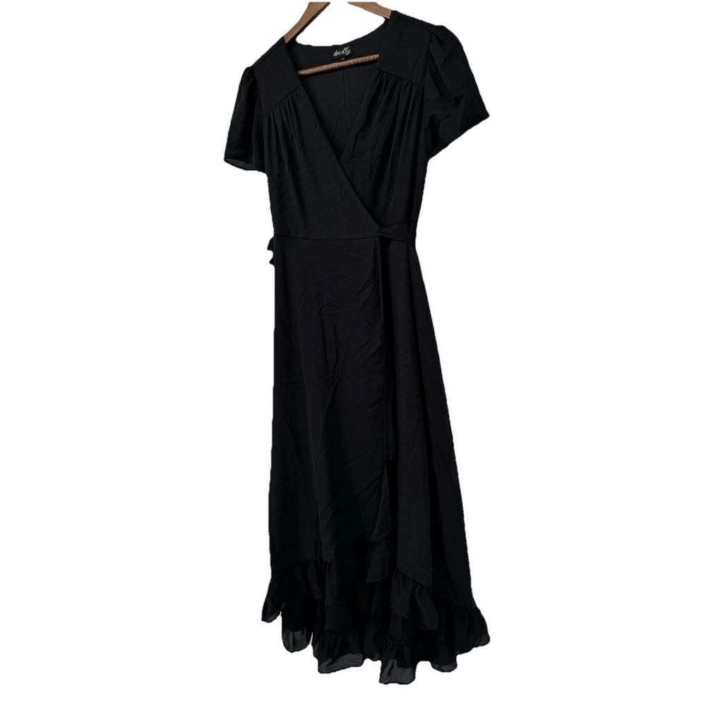 Black Satin Like Maxi Wrap Dress Whimsigoth Fairy Grunge S Ruffles Tie Waist